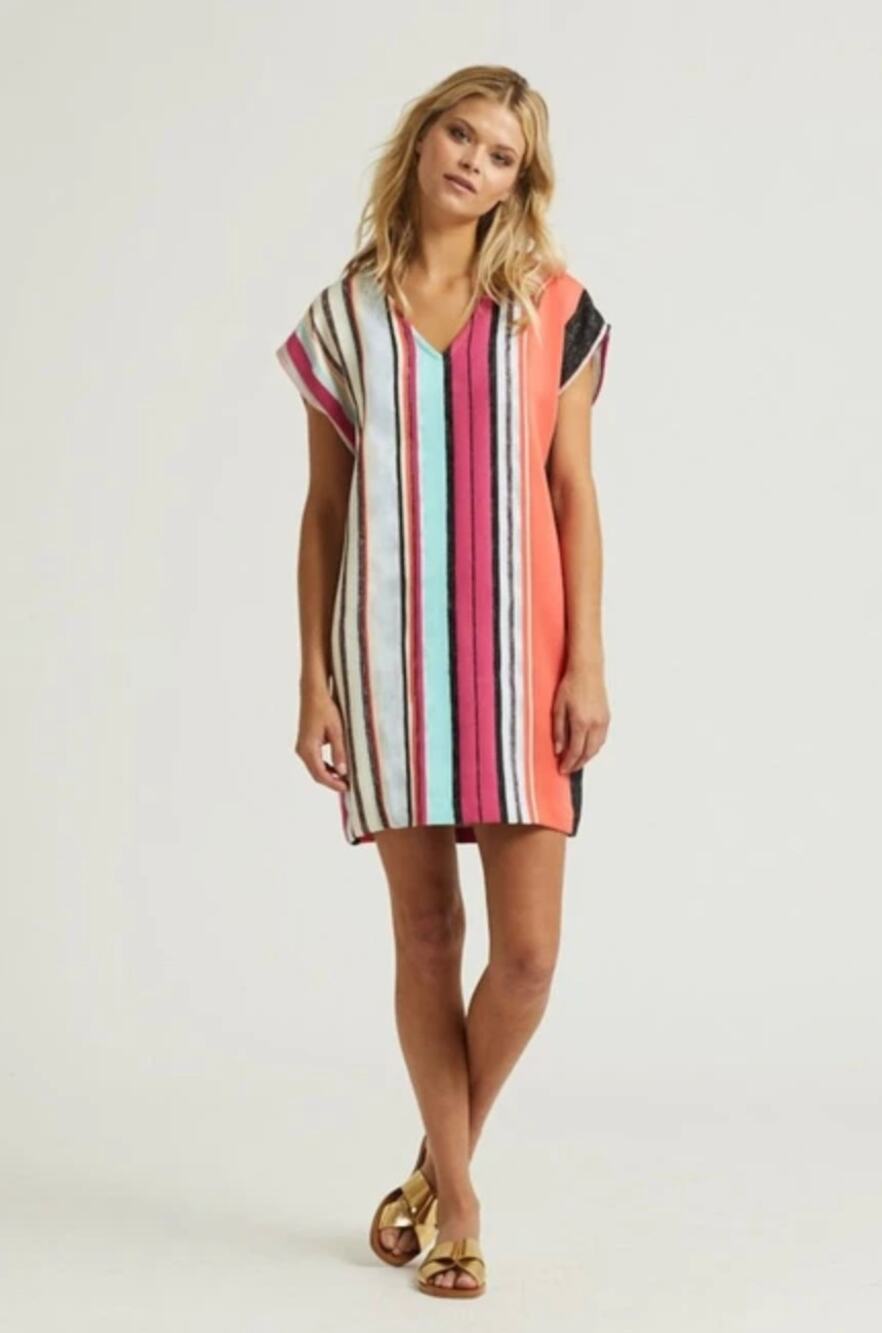 Marie Oliver Andi Shift Dress Womens XS Colorful Stripe V-Neck Cap Sleeve Beachy